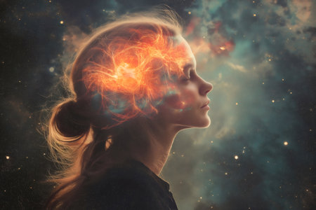Profile of a young woman with closed eyes, her mind connected with the universe, energy and nebulae surrounding her headの素材