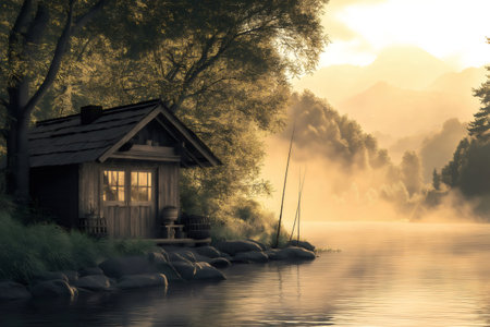 Fishing rods standing on the shore of a misty river at sunrise, near a cozy wooden cabin surrounded by treesの素材
