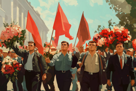 Crowd of workers marching with red flags and flowers bouquets celebrating international labor dayの素材