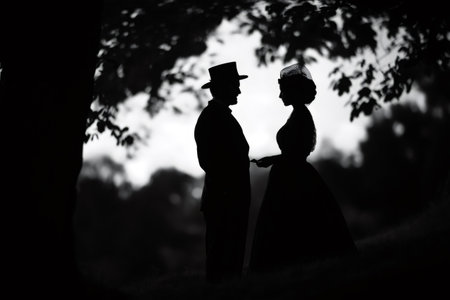 Silhouettes of a Victorian era couple enjoying a romantic moment together at sunset, creating a timeless and elegant sceneの素材