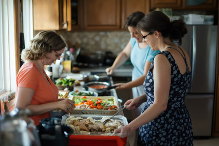Three women preparing a festive meal together in a domestic kitchen, serving food into containers on the counterの素材