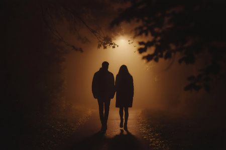 Silhouetted couple walking hand in hand along a foggy path, illuminated by a street light, creating a romantic, mysterious atmosphere at nightの素材