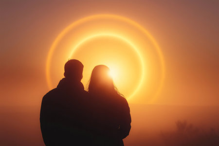 Silhouette of a couple watching a breathtaking sunrise with a circular halo effect over a misty valley, creating a magical atmosphereの素材