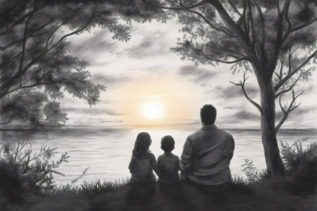 Graphite drawing of family watching beautiful sunset over lake, enjoying peaceful moment togetherの素材