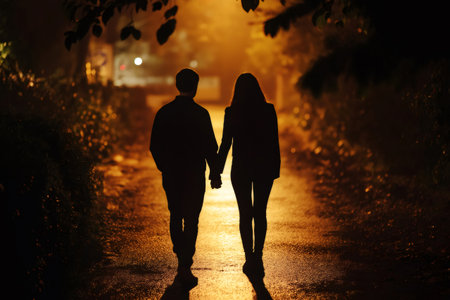 Romantic couple holding hands while walking away in a dimly lit street at night, creating a silhouette filled with love and tendernessの素材