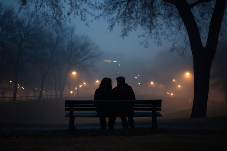 Two people are enjoying a quiet moment together as they sit on a park bench, surrounded by fog and soft lightingの素材