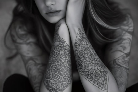 Black and white portrait featuring a young woman adorned with intricate mandala tattoos sprawling across her forearms, showcasing artistic expressionの素材