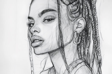 Close up portrait sketch highlighting a young woman with intricate braids and a unique earring, showcasing expressive lines and shadingの素材