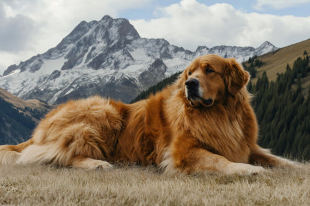 Large golden retriever dog relaxing on lush green grass, enjoying the serene view of majestic snowy mountain peaks in the backgroundの素材