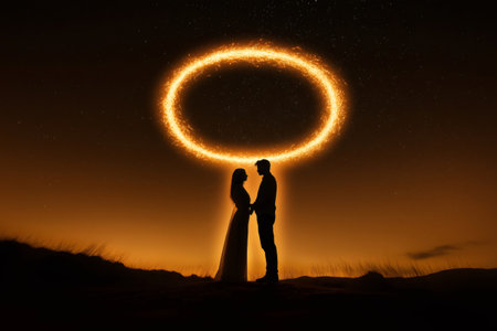 Silhouette of romantic couple holding hands under glowing halo at night, symbolizing love, unity, and spiritual connectionの素材