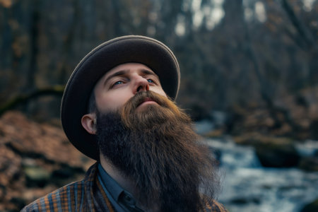 Portrait of a fashionable bearded man wearing hat looking up, enjoying nature in a forest near riverの素材