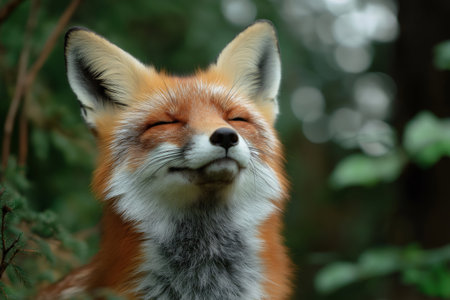Wild red fox with closed eyes enjoying the sunlight in the forest, showing its cleverness and cunning natureの素材