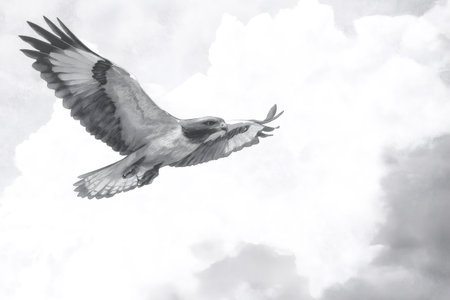 Realistic pencil drawing of a hawk with spread wings, flying high in a cloudy sky, monochrome illustrationの素材