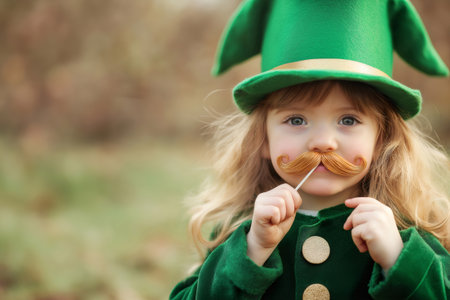 Adorable toddler with blond hair wearing leprechaun costume holding fake mustache celebrating Saint Patrick's Dayの素材