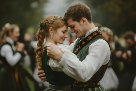 Couple traditional wearing Irish attire dancing together at an outdoor festival, surrounded by other dancers in a blurred backgroundの素材