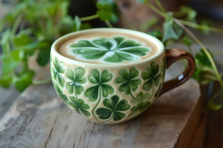 Coffee cup decorated with shamrocks containing latte art shaped like a four leaf clover, celebrating Saint Patrick's Dayの素材