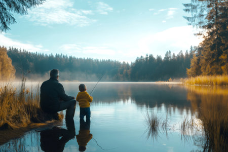 Father teaching his son the art of fishing in a serene lake, surrounded by misty forests and the gentle glow of morning lightの素材