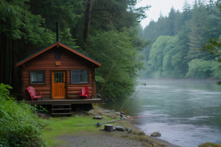 Fishing rods propped up outside a cozy riverside cabin on a rainy day, creating a tranquil and inviting scene for anglers and nature loversの素材