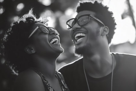 Young African American couple laughing together outdoors, wearing sunglasses and enjoying a moment of joy and happinessの素材