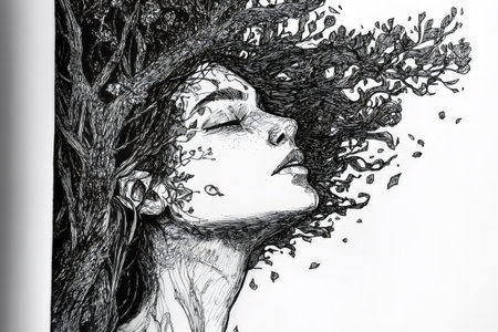 Black and white ink artwork depicting surreal portrait of woman with closed eyes, branches and leaves growing from her hair, symbolizing connection with natureの素材