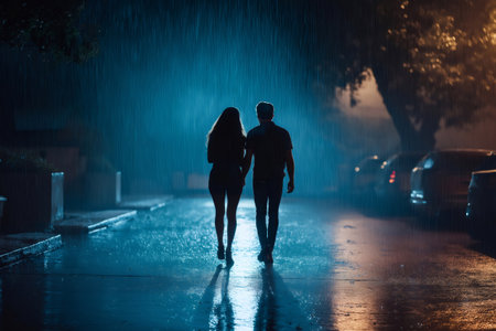 Romantic couple walking hand in hand under a heavy rain, creating a beautiful scene on a wet street at night, enveloped in a moody atmosphereの素材