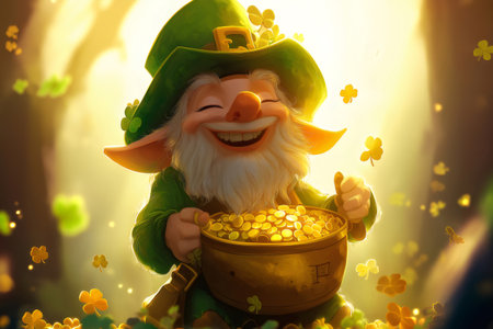 Digital illustration of a cheerful leprechaun holding a pot of gold coins surrounded by clovers in a magical forestの素材