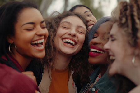 Happy multi ethnic female friends enjoying time together, hugging and laughing out loudの素材