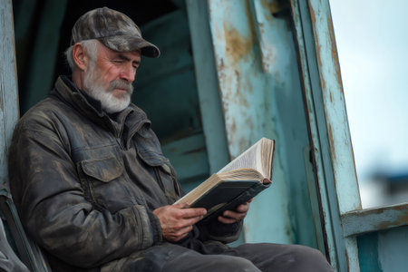 Bearded fisherman seniorman enjoying a peaceful break on his boat, immersed in reading a book while surrounded by the serene oceanの素材