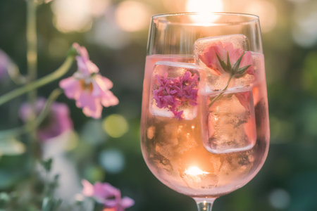 Refreshing pink champagne with edible flowers frozen in ice cubes, perfect for a summer evening in the gardenの素材