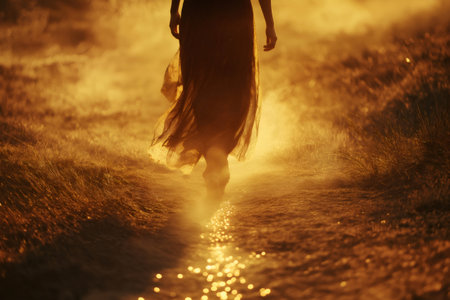 Woman wearing a long dress walking on a path leaving a magical trail of golden light and dust at sunsetの素材