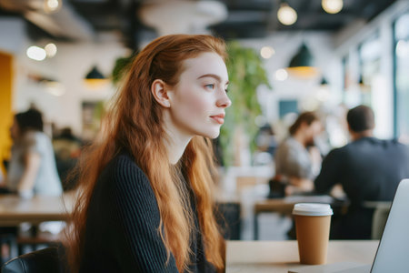 Redhead freelancer working remotely in modern coworking space, enjoying away coffee while using laptop, surrounded by blurred colleaguesの素材