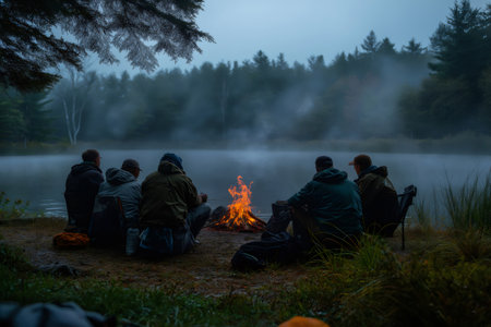 Fishermen sitting around a warm campfire on a misty lake shore, sharing stories and enjoying a peaceful evening atmosphereの素材