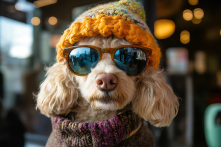 Portrait featuring a stylish dog sporting a knitted orange hat and oversized sunglasses, radiating charm and playful fashion senseの素材