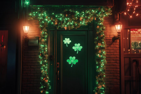 Doorway decorated with green garlands, lights, shamrocks, and illuminated at night for Saint Patrick's Day celebrationの素材