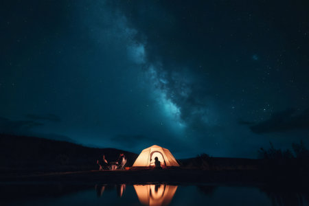 Family enjoying a camping trip under a breathtaking starry night sky, illuminated by the majestic Milky Wayの素材