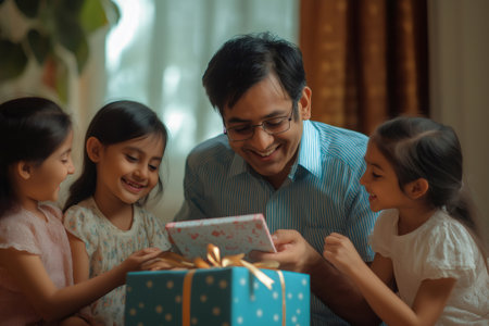 Indian father is opening a gift box with his three daughters, they're smiling and having fun togetherの素材