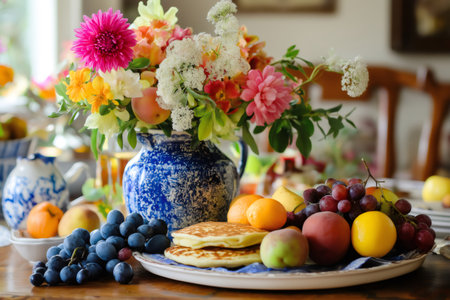 Pancakes and fresh fruit are served on a cozy breakfast table, creating a delightful and inviting atmosphereの素材
