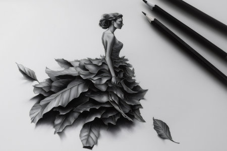 Pencil sketch representing a fashionable woman wearing a dress made of leaves, a concept related to nature, fashion and surrealismの素材