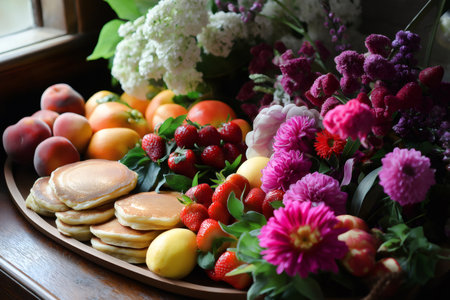 Breakfast tray filled with pancakes, fresh fruit like strawberries, peaches, and lemons, alongside a vibrant bouquet of colorful flowersの素材