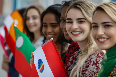 Group of smiling women representing different nationalities holding flags promoting diversity and inclusionの素材