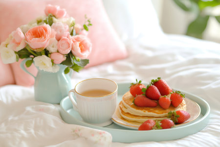 Pancakes with strawberries and tea served on a tray in bed with a bouquet of roses in the background, creating a cozy and romantic atmosphereの素材