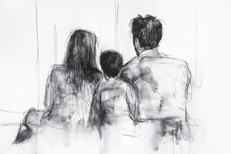 Charcoal sketch of a family composed by mother, father and son, sitting together and watching somethingの素材