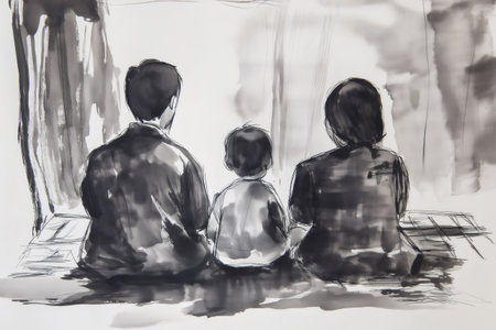 Ink wash painting of a family sitting together, enjoying a quiet moment, evoking feelings of warmth and togethernessの素材
