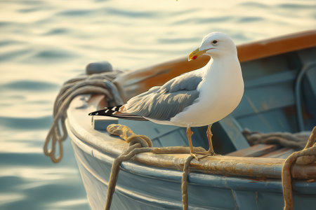 Seagull perched on the edge of a fishing boat, intently watching the vast sea, ready to spot its next meal in the tranquil watersの素材