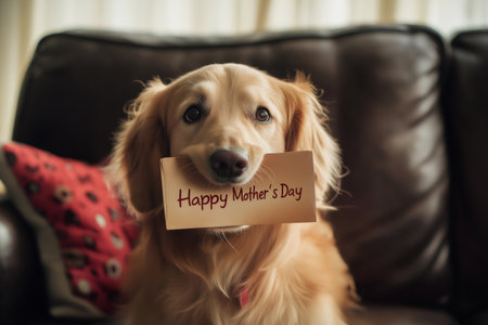 Golden retriever dog holding a greeting card with the inscription Happy Mother's Day in its mouthの素材
