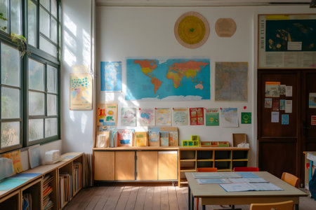 Sunlit classroom featuring educational posters, world maps, and bookshelves. Wooden furniture and large windows create a welcoming learning environmentの素材