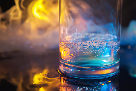 Close up of a beaker containing a bubbling liquid, surrounded by colorful reflections and mist, creating a dynamic and scientific atmosphereの素材
