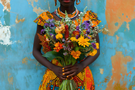 African woman wearing traditional clothing holding bouquet of colorful flowers standing against a textured blue wallの素材