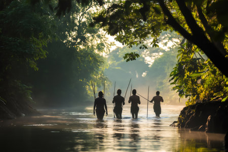 Indigenous fishermen walking in a river and fishing with spears in a misty jungle at sunriseの素材