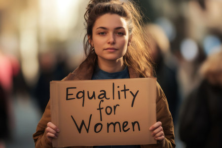 Activist demonstrating for equal rights and opportunities for women holding a cardboard sign during a protest marchの素材